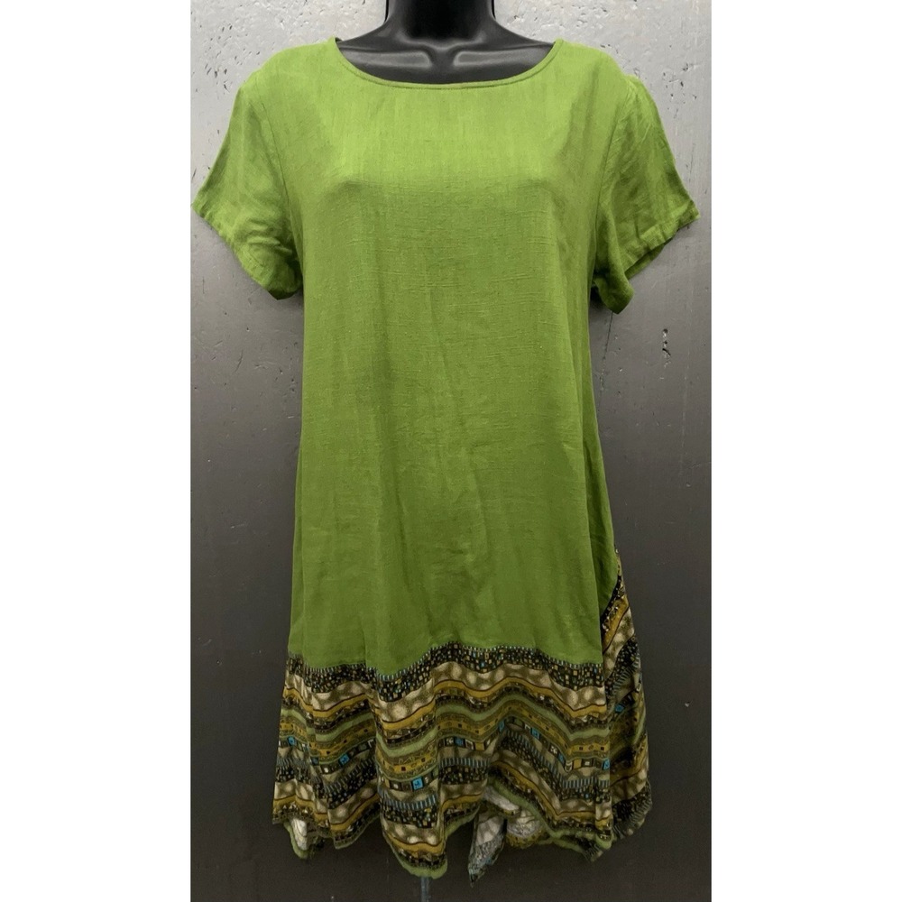 Linen Cotton Dress L Green Embroidered Patchwork Sharkbite‎ Boho Retro Ethnic